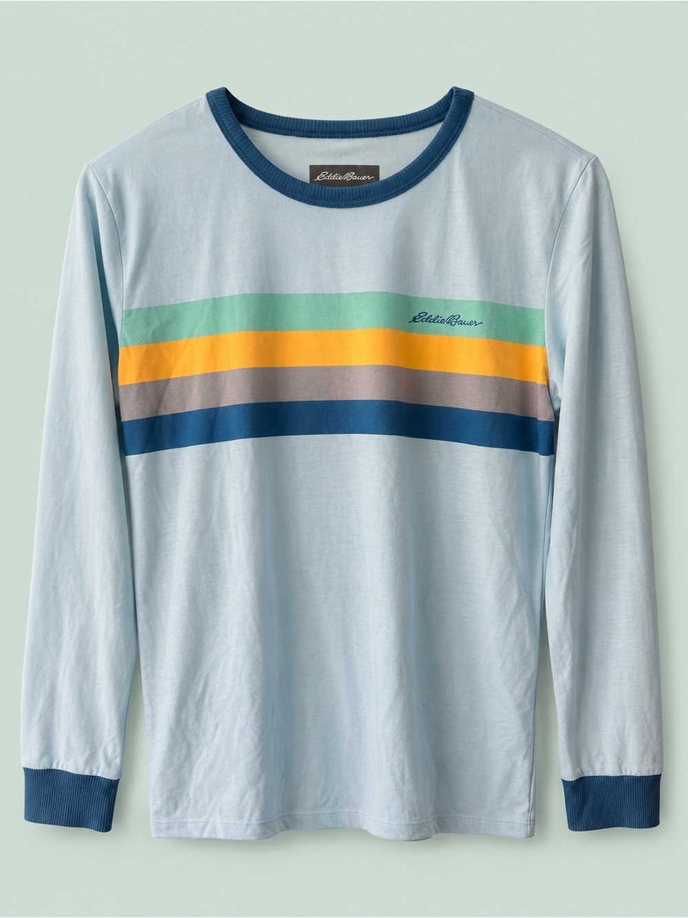 Eddie Bauer Light Blue Long Sleeve Tee with Multicolor Stripes